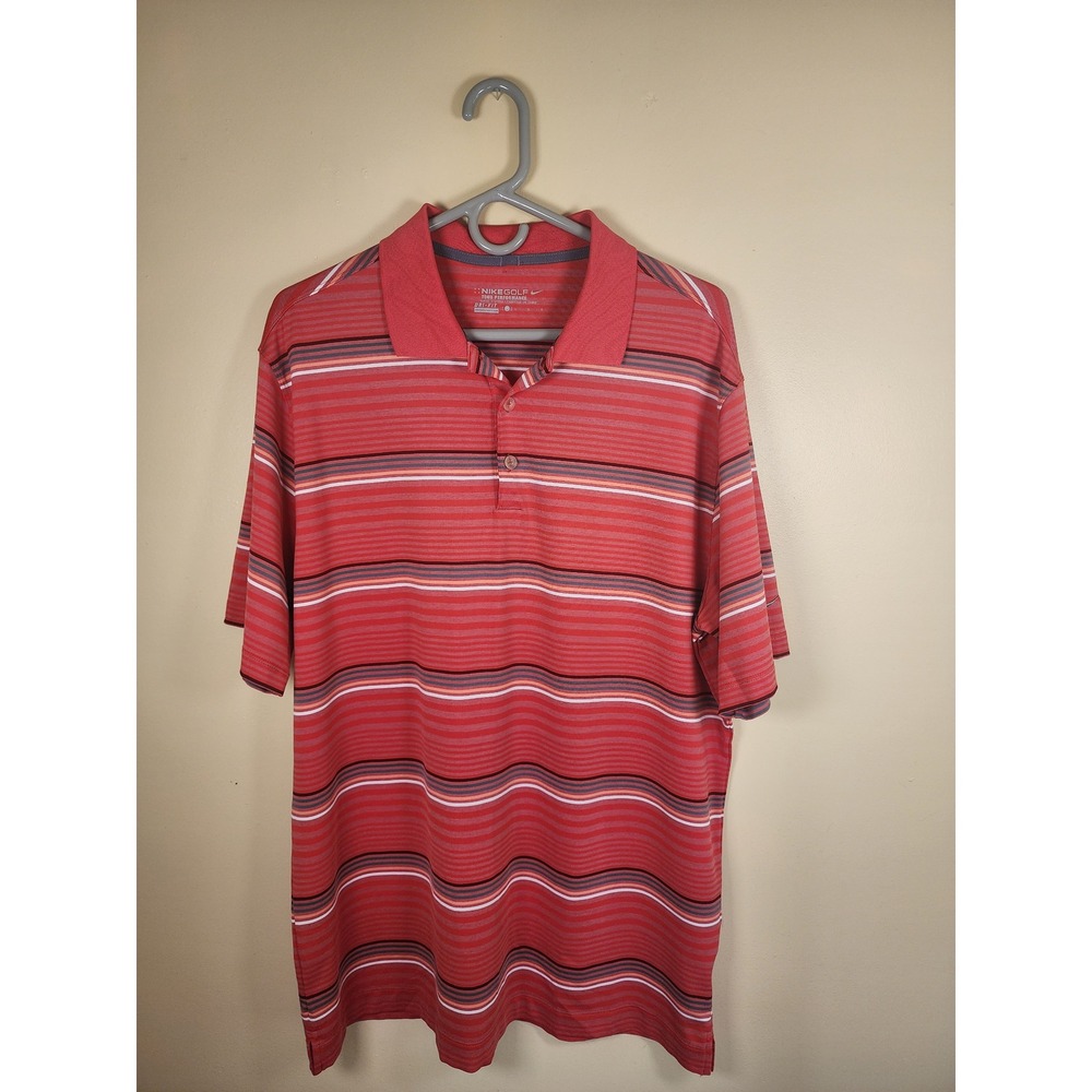 Nike Golf Tour Performance Dri-FIT Stripe Polo Shirt Men's Large Red Salmon Teal